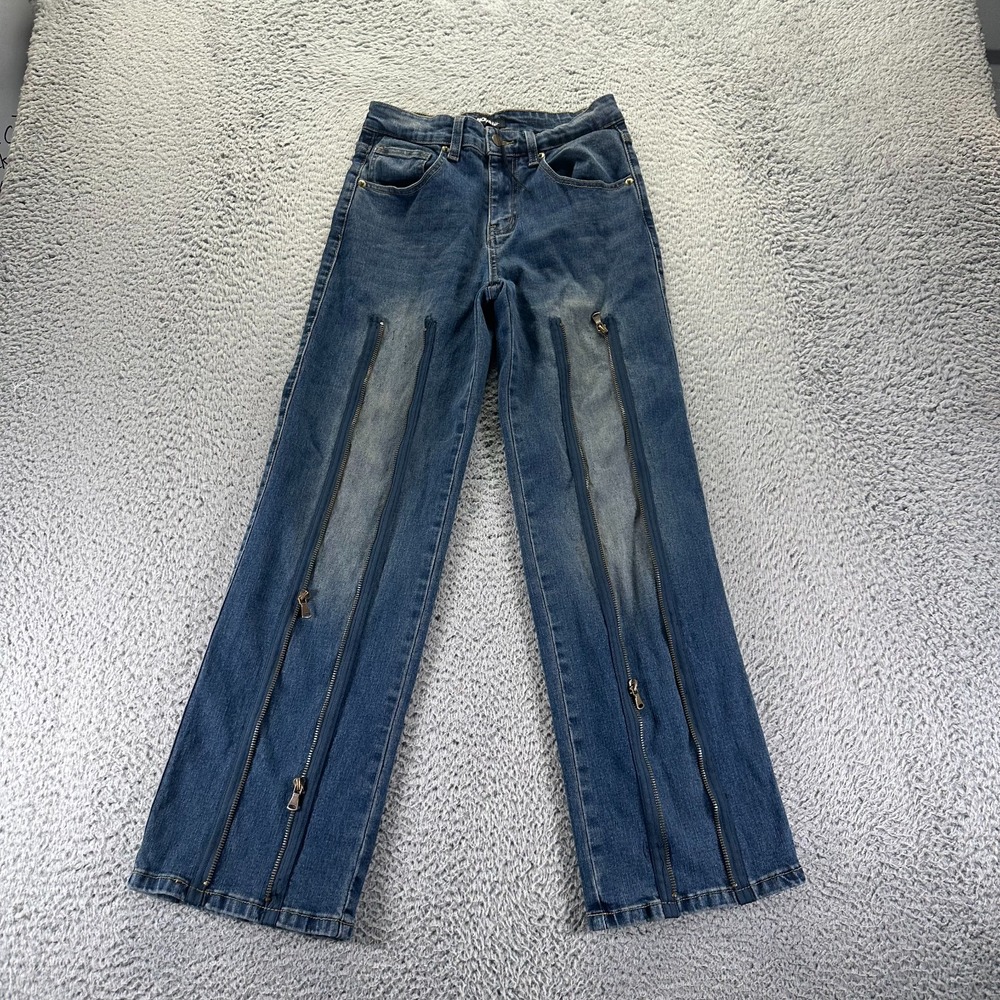 Fashion Nova Jeans Girls 12 Blue Cotton Denim Wide-Leg Baggy Zip Detail Stretch